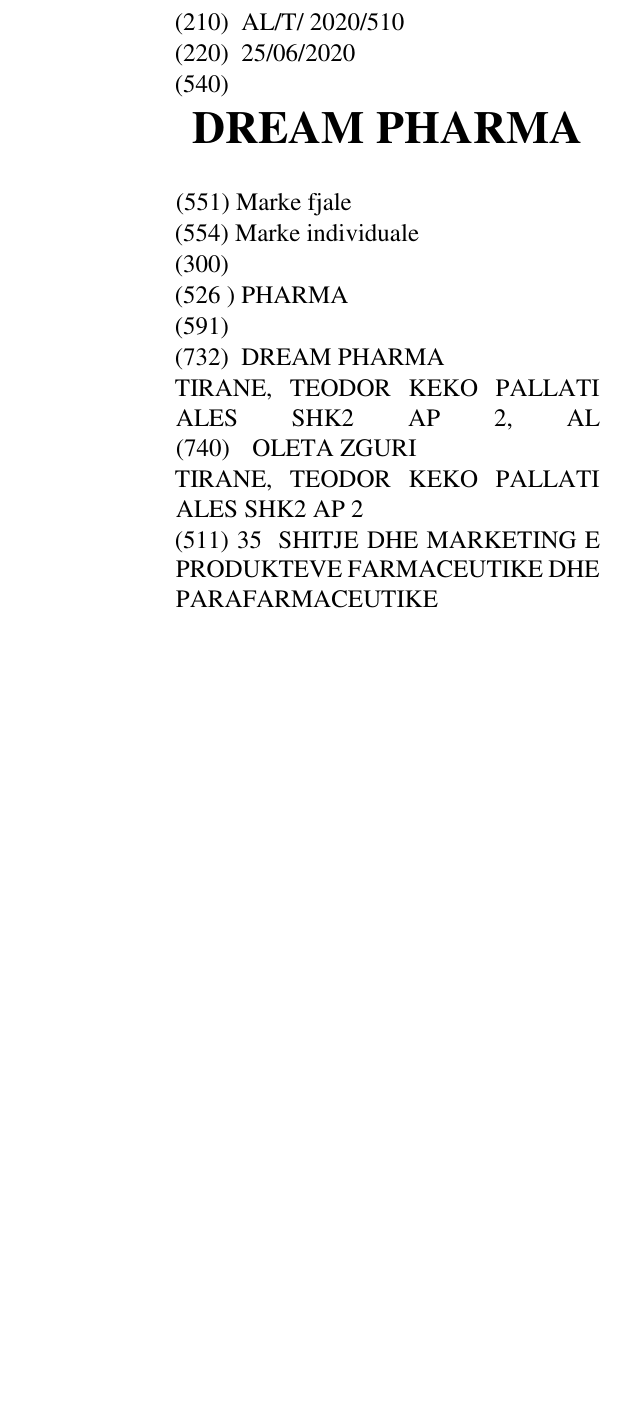 Zëri i markës DREAM PHARMA në buletin
