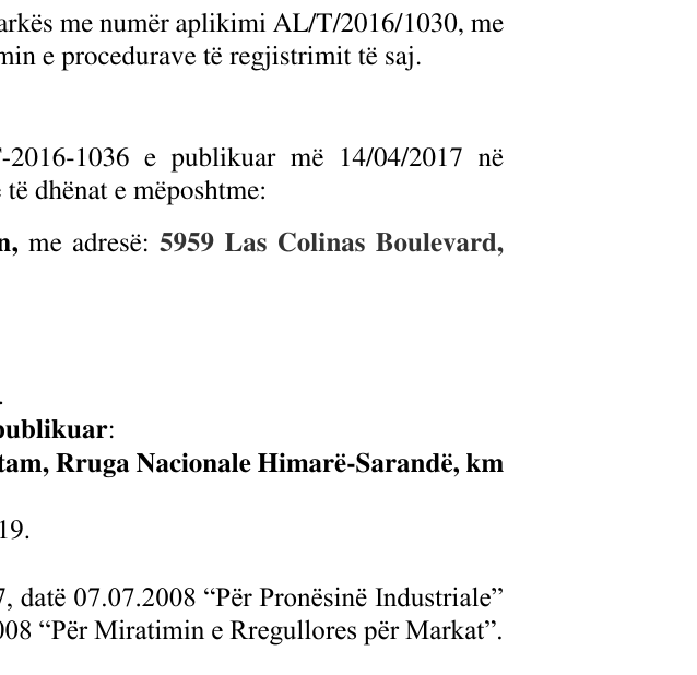 Zëri i markës AL/T/2016/1030 në buletin