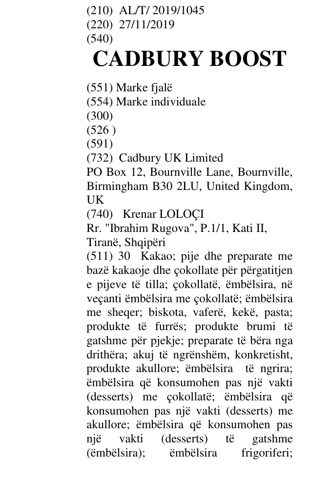 Zëri i markës CADBURY BOOST në buletin