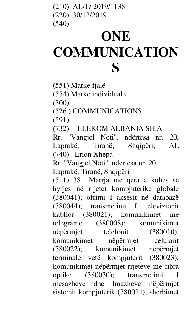 Zëri i markës ONE COMMUNICATION S në buletin