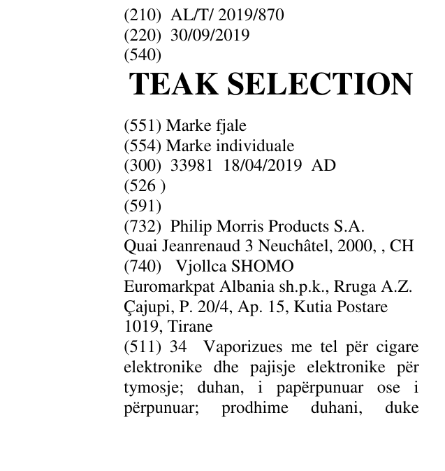Zëri i markës TEAK SELECTION në buletin