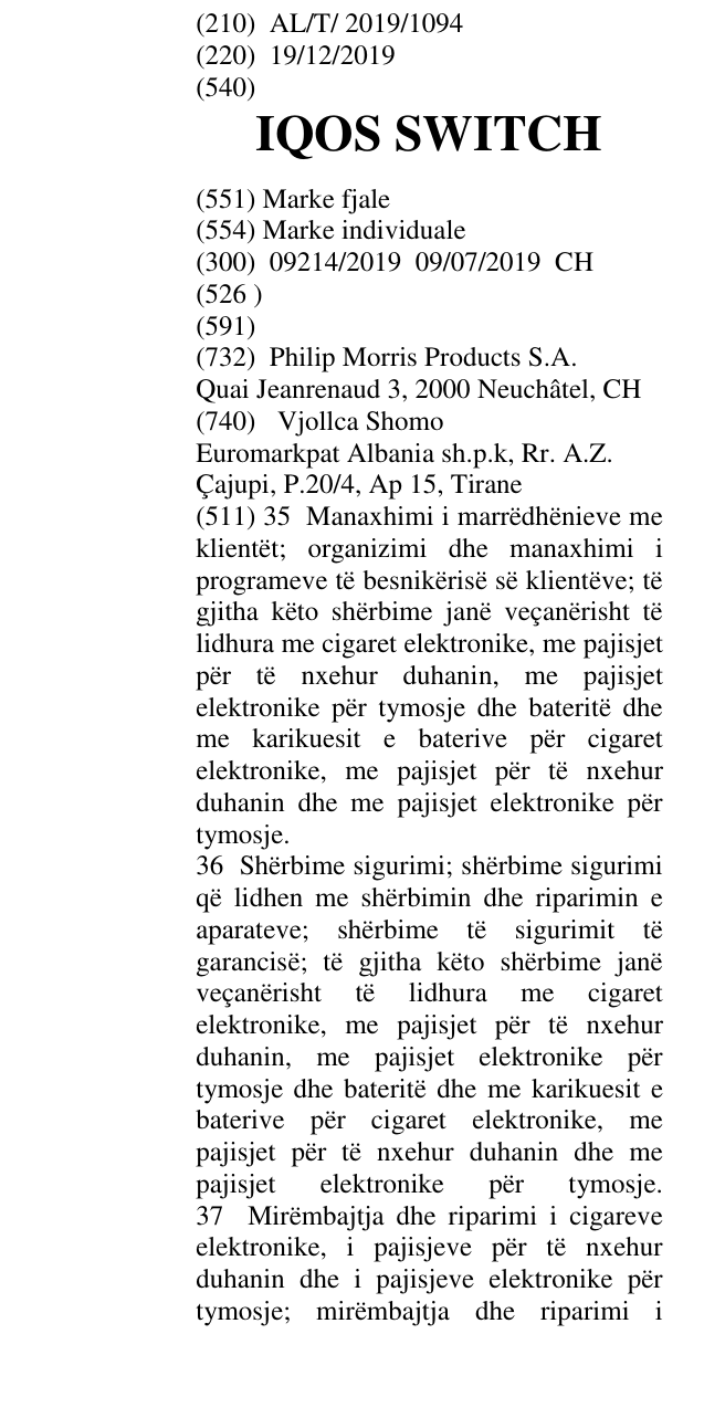 Zëri i markës IQOS SWITCH në buletin