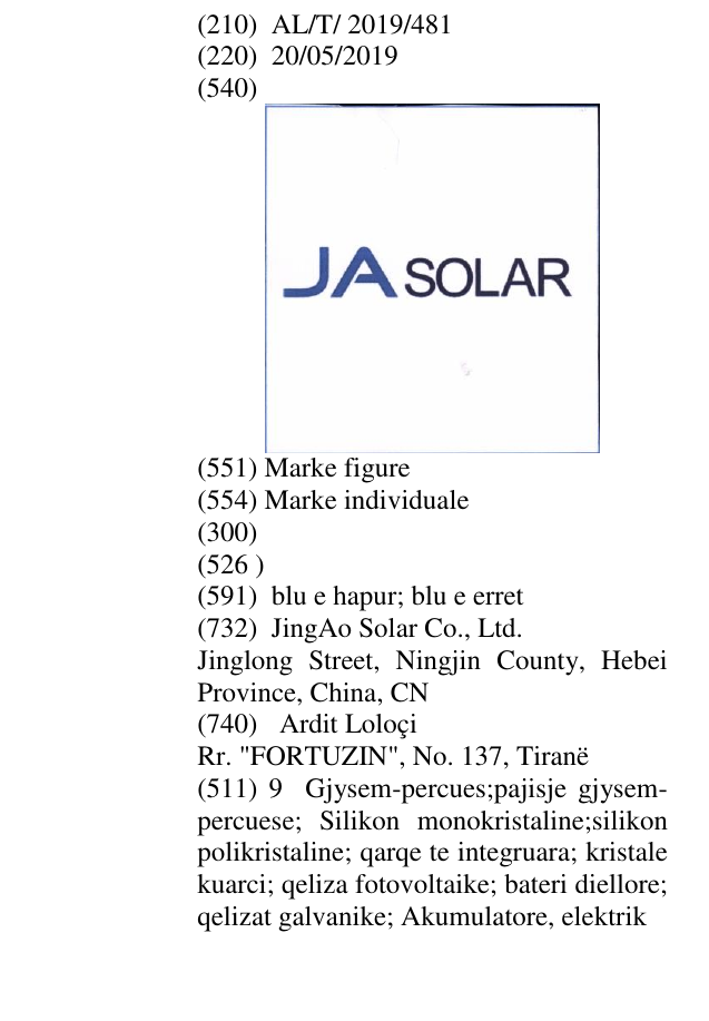 Zëri i markës JASOLAR në buletin