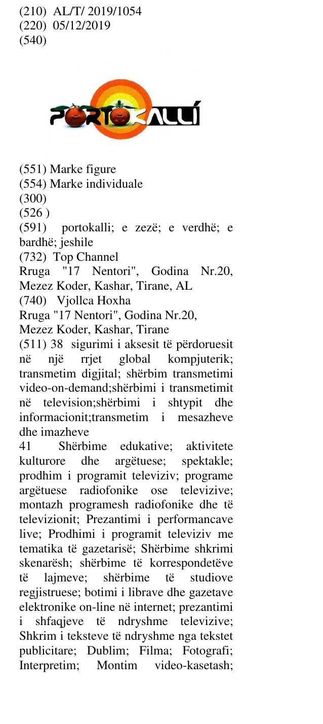Zëri i markës PORTOKALLI në buletin