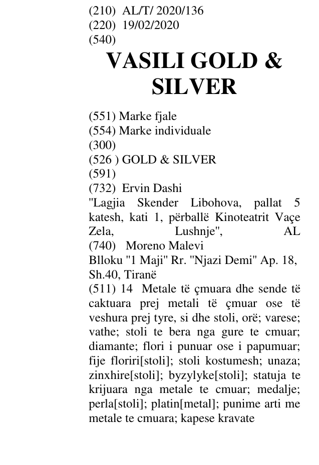 Zëri i markës VASILI GOLD & SILVER në buletin