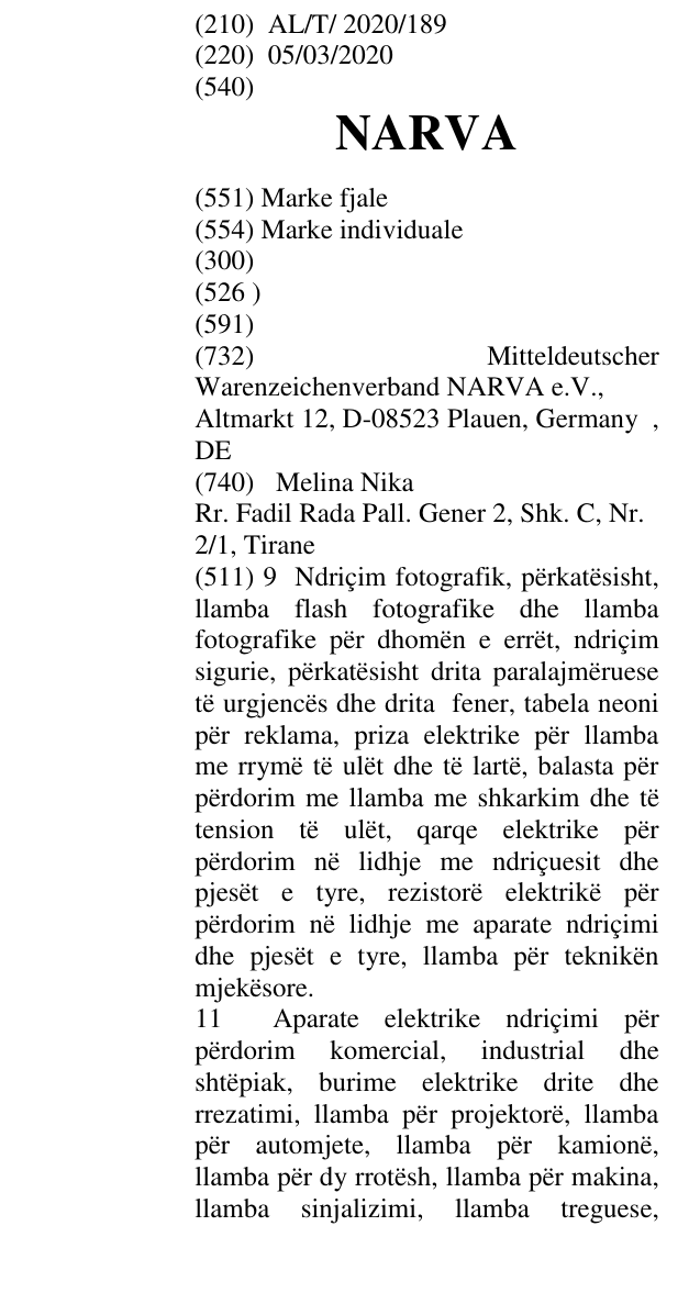 Zëri i markës NARVA në buletin