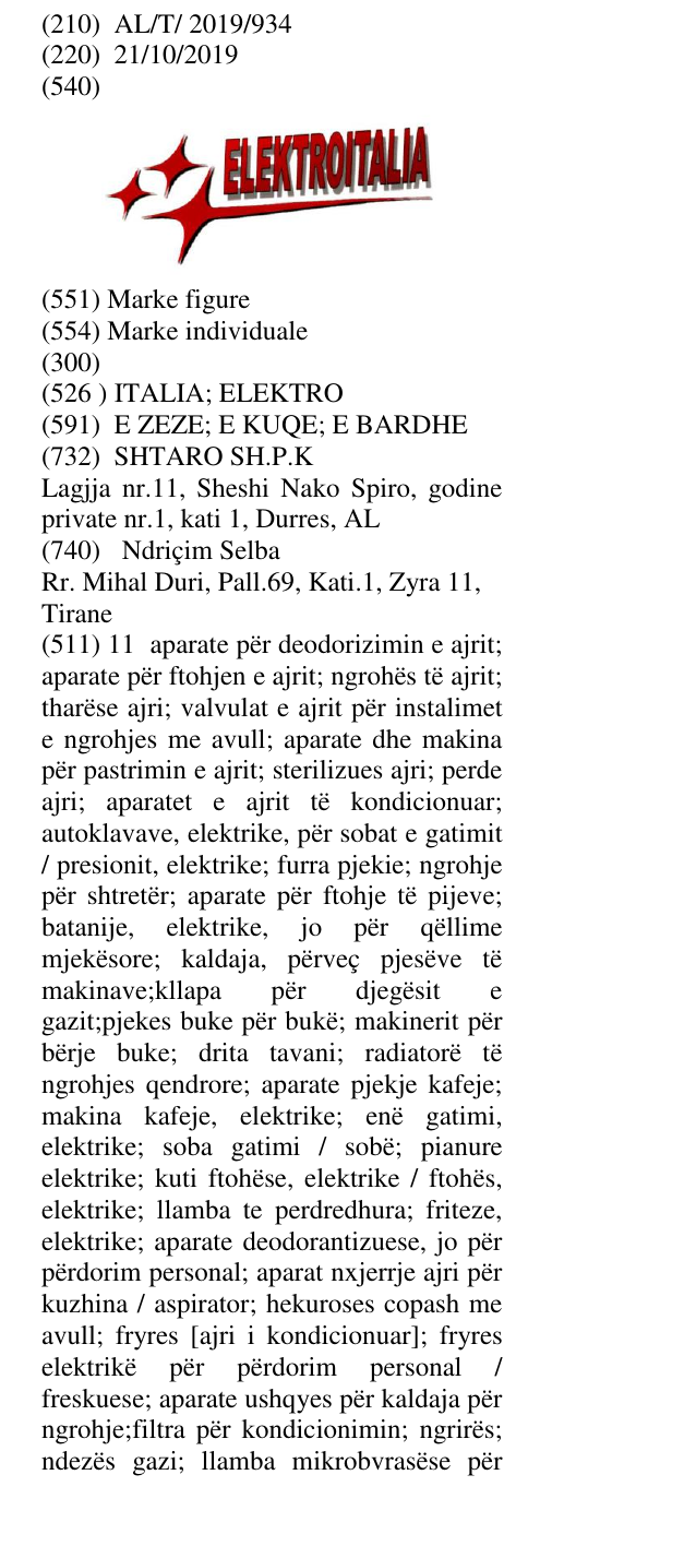 Zëri i markës ITALIA; ELEKTRO në buletin