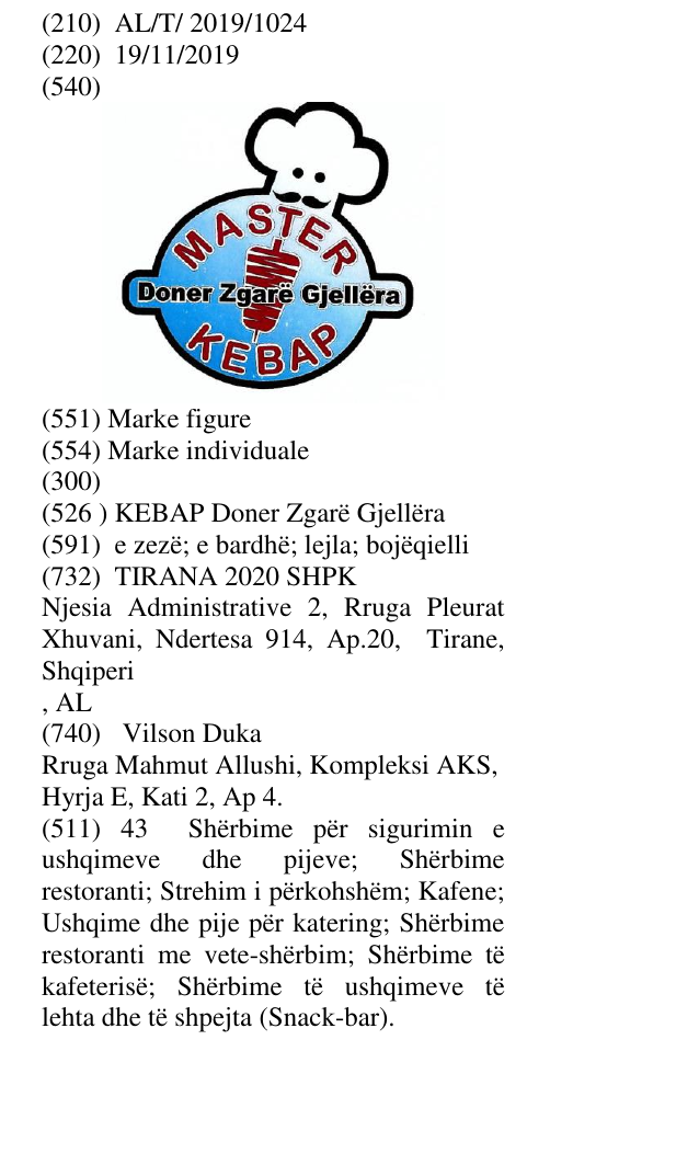 Zëri i markës KEBAP Doner Zgarë Gjellëra në buletin