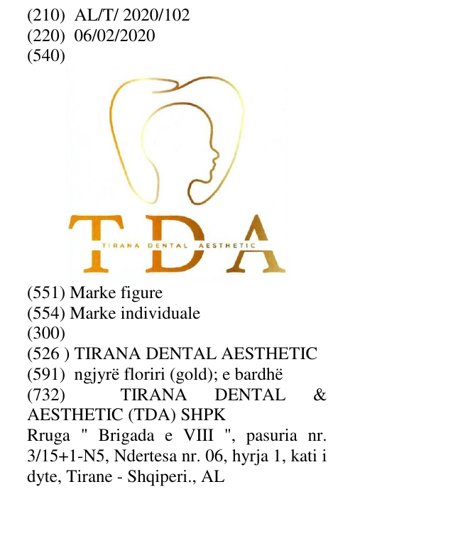 Zëri i markës TIRANA DENTAL AESTHETIC në buletin
