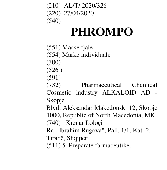 Zëri i markës PHROMPO në buletin