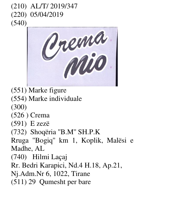 Zëri i markës Crema në buletin