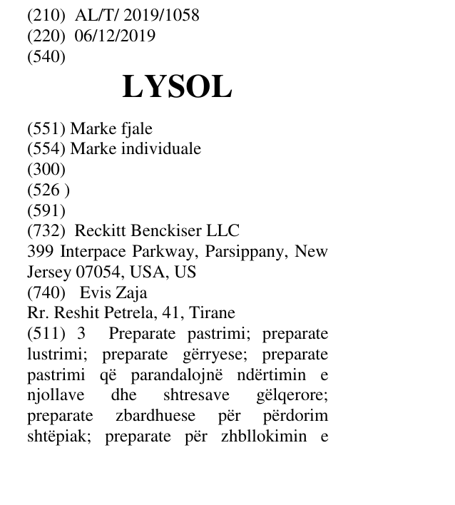 Zëri i markës LYSOL në buletin