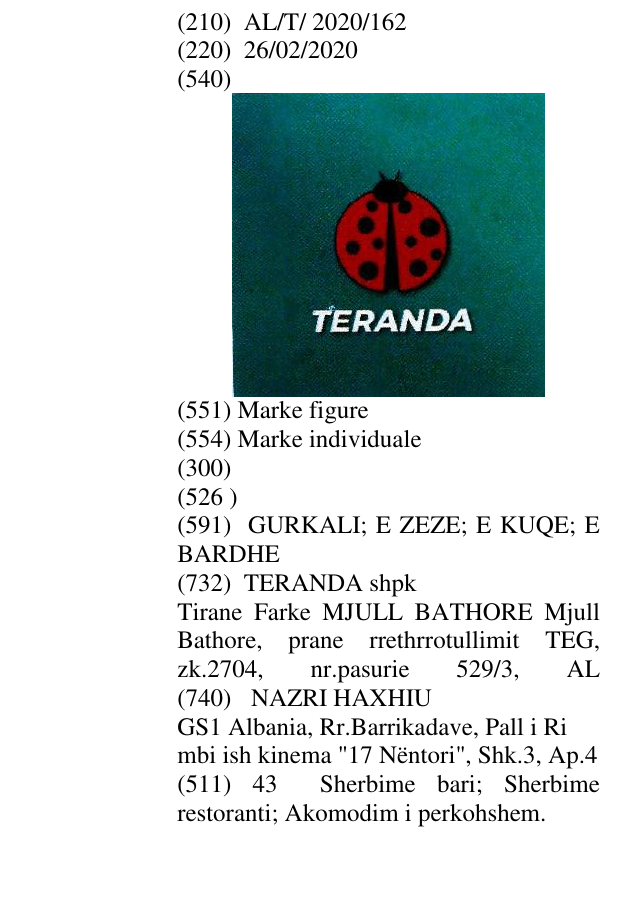 Zëri i markës "TERANDA" në buletin