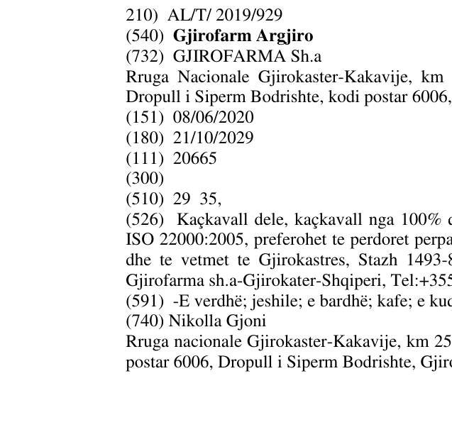 Zëri i markës Gjirofarm Argjiro në buletin
