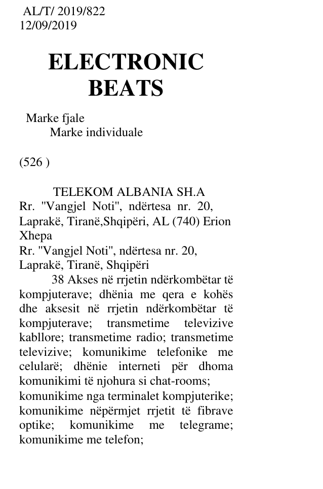 Zëri i markës TELEKOM ALBANIA SH.A Rr. ''Vangjel Noti'', ndërtesa nr. 20, Laprakë, Tiranë,Shqipëri, AL në buletin