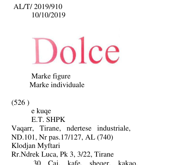 Zëri i markës e kuqe E.T. SHPK Vaqarr, Tirane, ndertese industriale, ND.101, Nr pas.17/127, AL në buletin