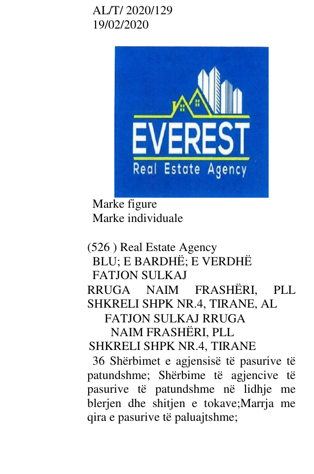 Zëri i markës Real Estate Agency BLU; E BARDHË; E VERDHË FATJON SULKAJ RRUGA NAIM FRASHËRI, PLL SHKRELI SHPK NR.4, TIRANE, AL FATJON SULKAJ RRUGA NAIM FRASHËRI, PLL SHKRELI SHPK NR.4, TIRANE 36 Shërbimet e agjensisë të pasurive të patundshme; Shërbime të agjencive të pasurive të patundshme në lidhje me blerjen dhe shitjen e tokave;Marrja me qira e pasurive të paluajtshme; në buletin