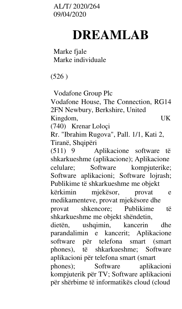 Zëri i markës Vodafone Group Plc Vodafone House, The Connection, RG14 2FN Newbury, Berkshire, United Kingdom, UK në buletin