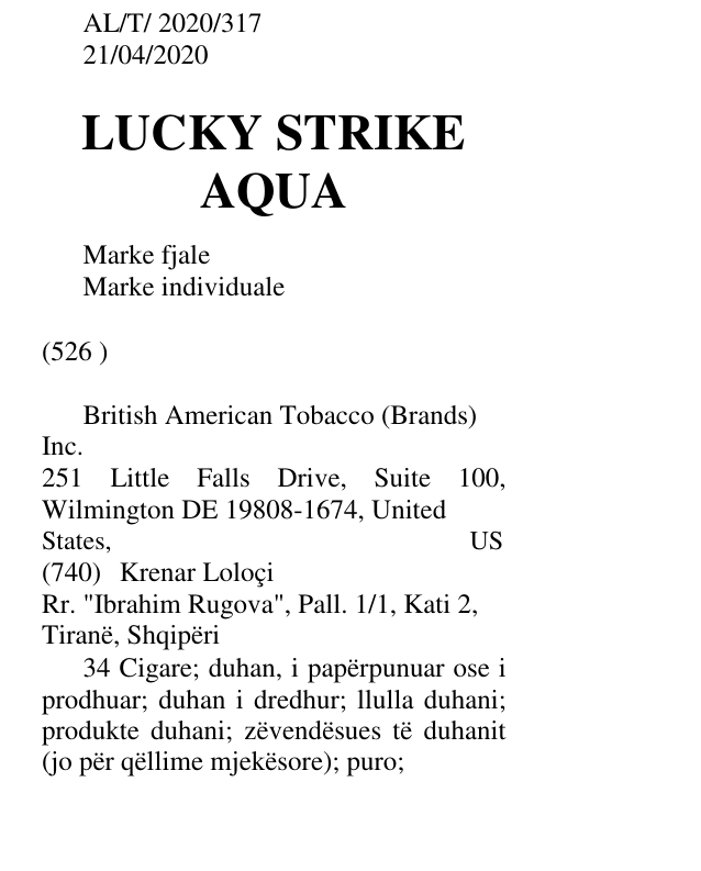 Zëri i markës British American Tobacco (Brands) Inc. 251 Little Falls Drive, Suite 100, Wilmington DE 19808-1674, United States, US në buletin