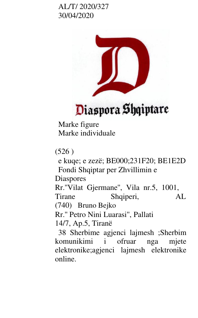 Zëri i markës e kuqe; e zezë; BE000;231F20; BE1E2D Fondi Shqiptar per Zhvillimin e Diaspores Rr.''Vilat Gjermane'', Vila nr.5, 1001, Tirane Shqiperi, AL në buletin