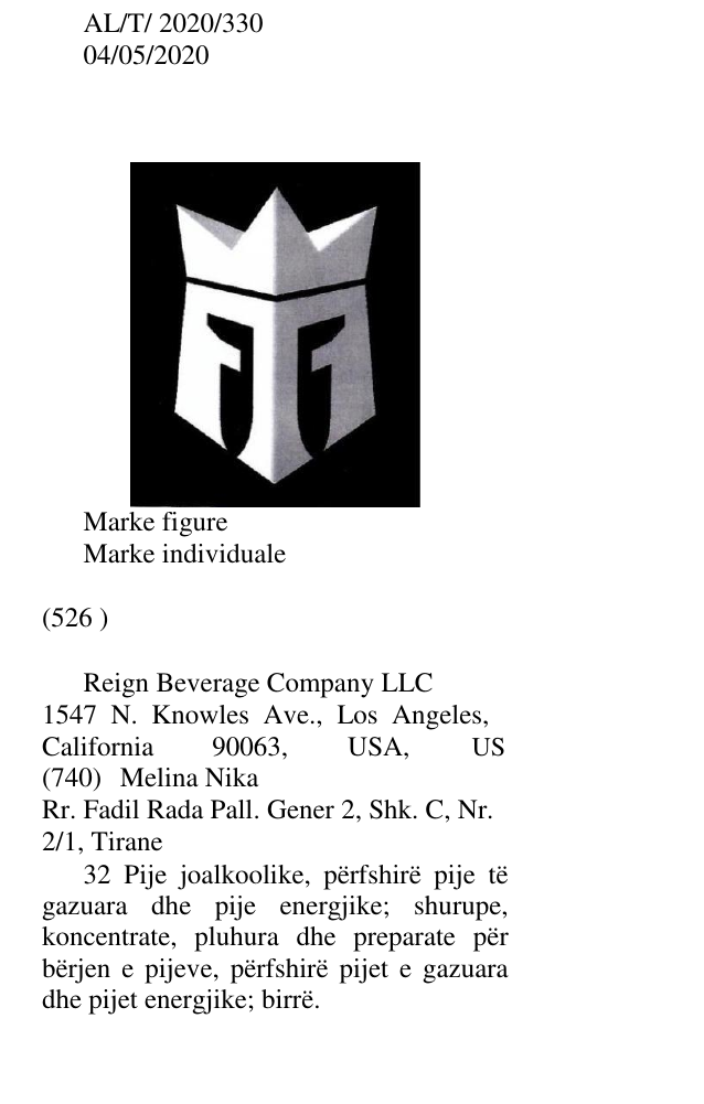 Zëri i markës Reign Beverage Company LLC 1547 N. Knowles Ave., Los Angeles, California 90063, USA, US në buletin