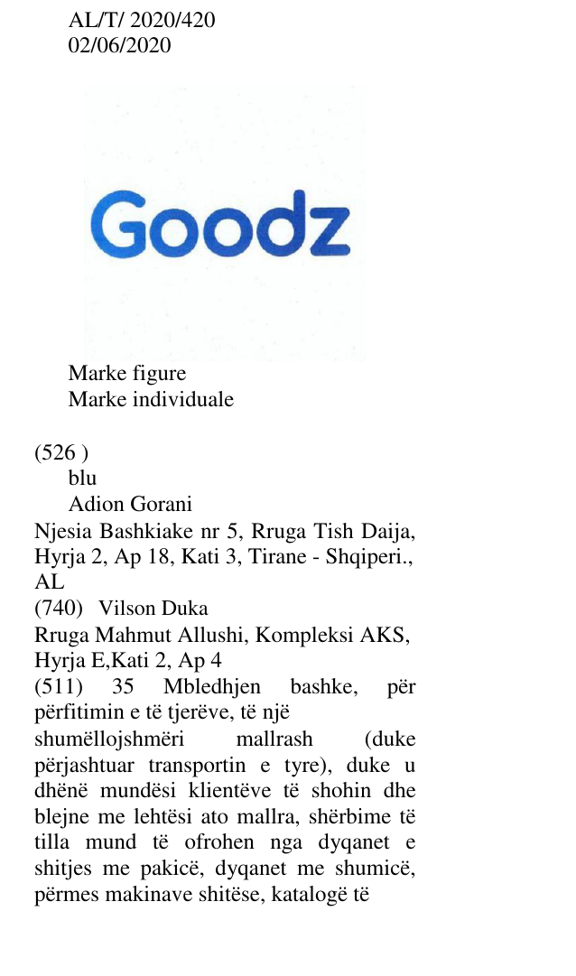 Zëri i markës blu Adion Gorani Njesia Bashkiake nr 5, Rruga Tish Daija, Hyrja 2, Ap 18, Kati 3, Tirane - Shqiperi., AL në buletin