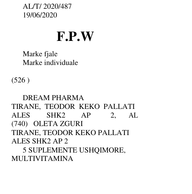Zëri i markës DREAM PHARMA TIRANE, TEODOR KEKO PALLATI ALES SHK2 AP 2, AL në buletin
