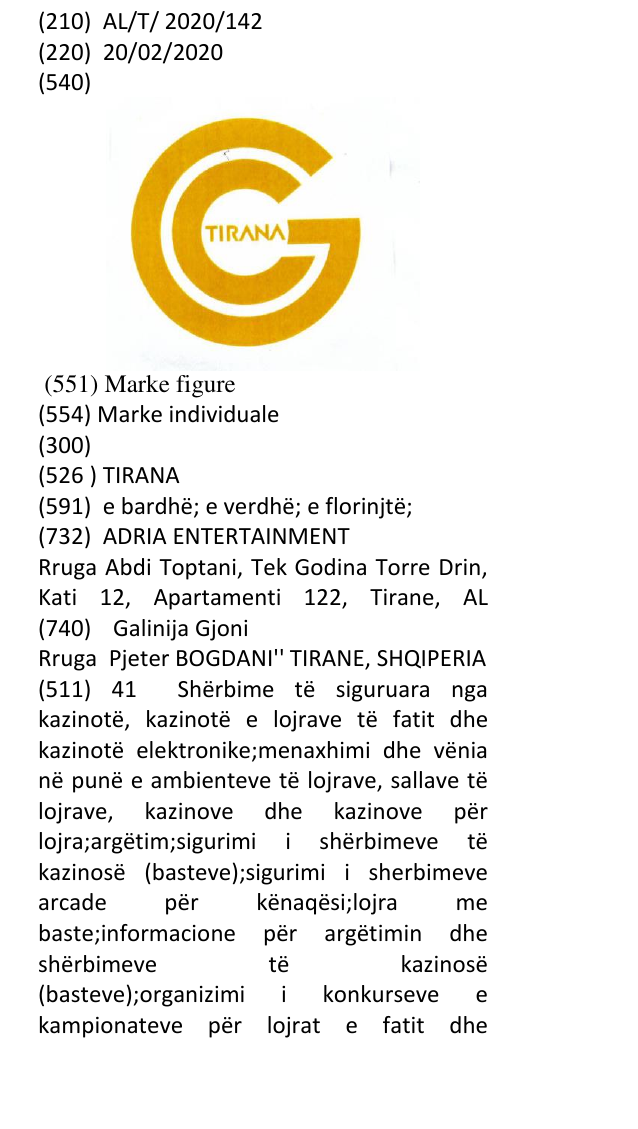 Zëri i markës TIRANA në buletin