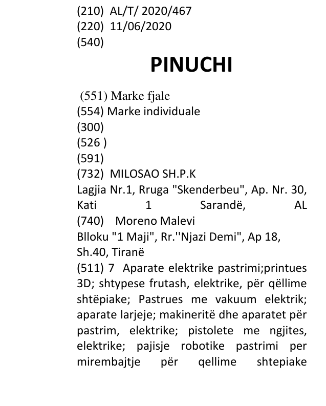 Zëri i markës PINUCHI në buletin