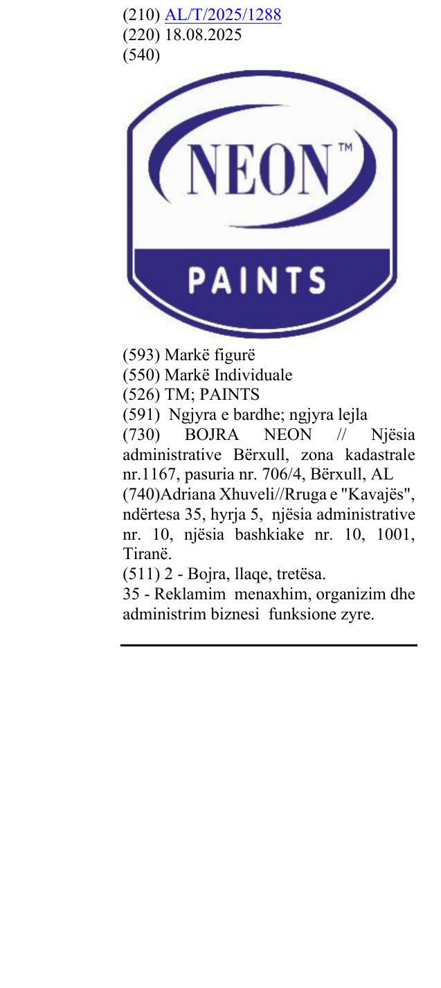 Zëri i markës TM; PAINTS në buletin
