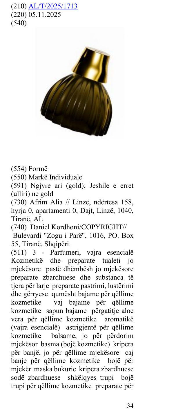 Zëri i markës AL/T/2025/1713 në buletin