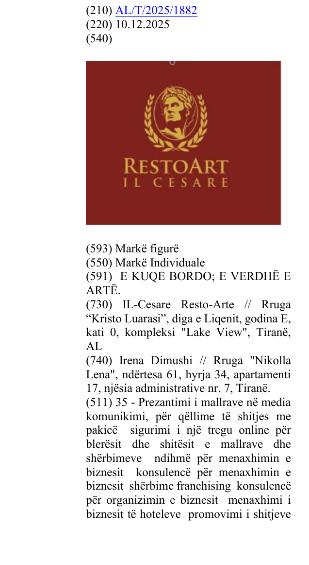 Zëri i markës RESTOART IL CESARE në buletin