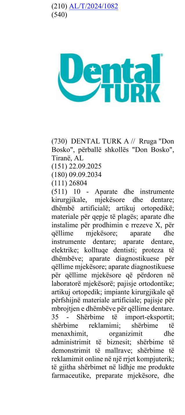 Zëri i markës ® - simboli R, Dental; TURK. në buletin