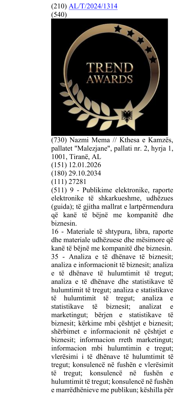 Zëri i markës Stema e shqiponjës dykrenare. TREND; AWARDS në buletin