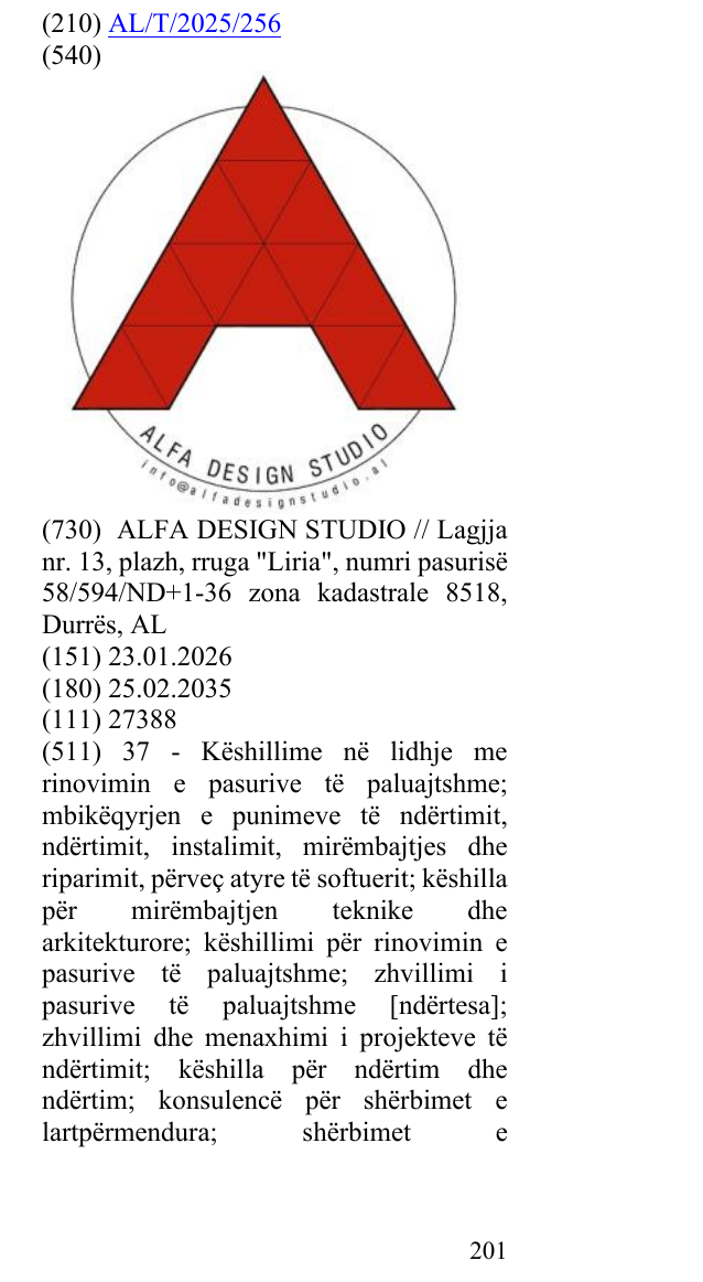 Zëri i markës DESIGN STUDIO, info, @, design, studio.al” në buletin