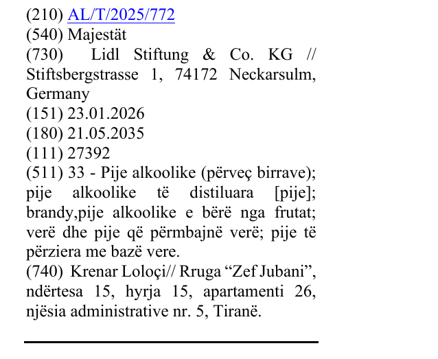 Zëri i markës Majestät në buletin