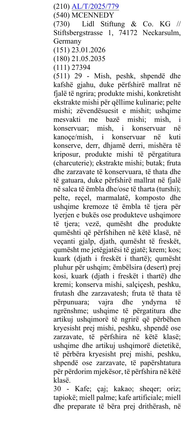 Zëri i markës MCENNEDY në buletin
