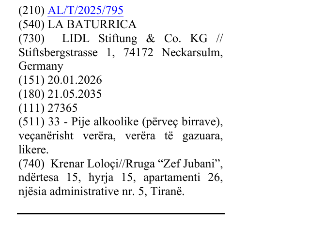 Zëri i markës LA BATURRICA në buletin