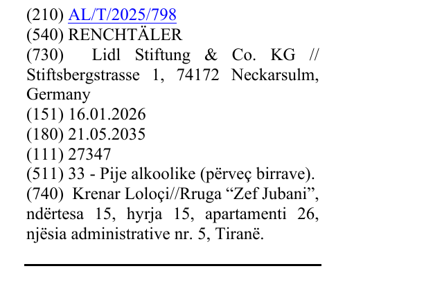 Zëri i markës RENCHTÄLER në buletin