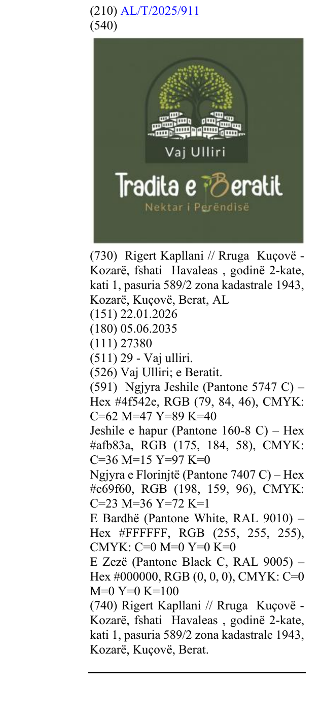 Zëri i markës Vaj Ulliri; e Beratit. në buletin