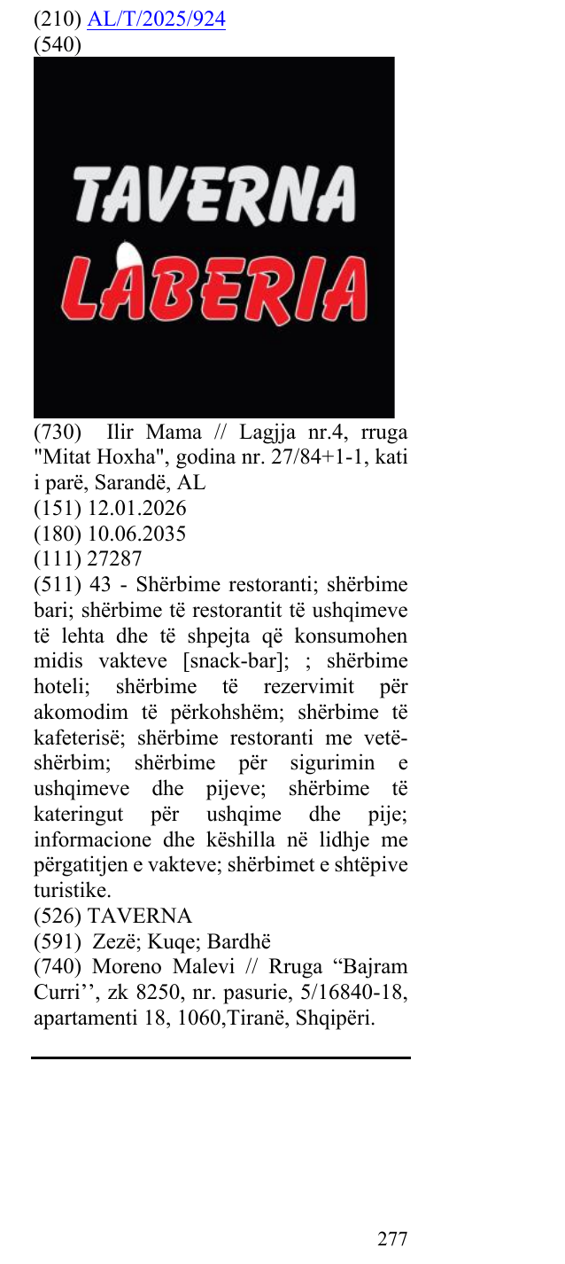 Zëri i markës TAVERNA në buletin