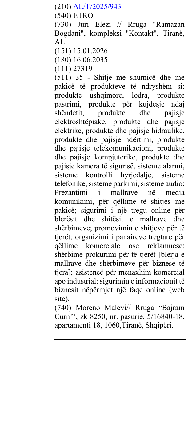 Zëri i markës ETRO në buletin
