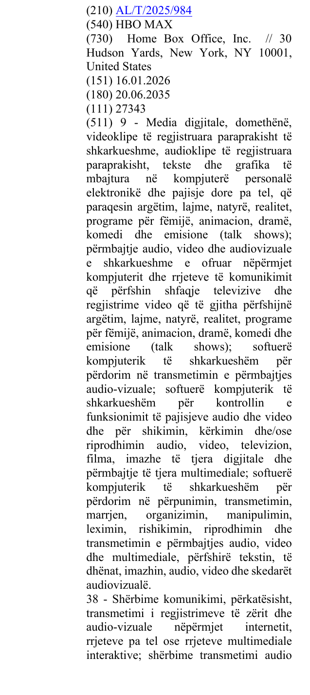 Zëri i markës HBO MAX në buletin