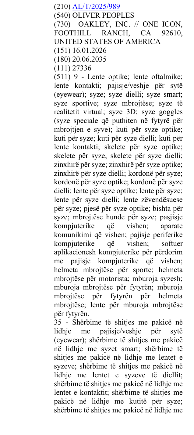 Zëri i markës OLIVER PEOPLES në buletin