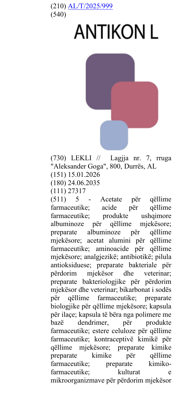 Zëri i markës Antikon L në buletin