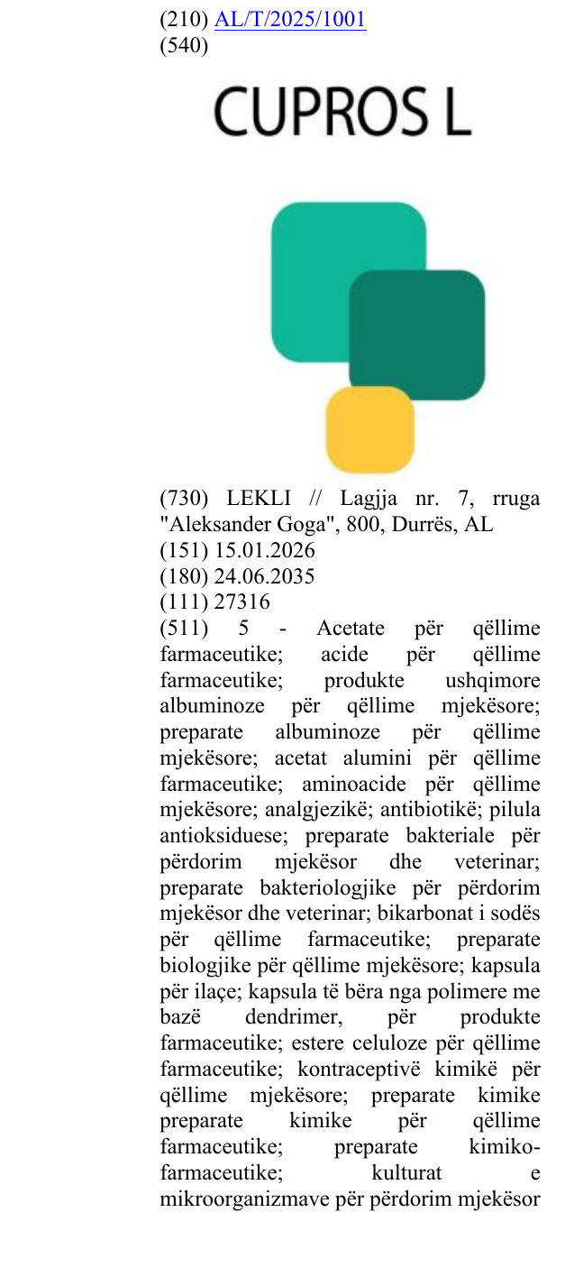 Zëri i markës CUPROS L në buletin