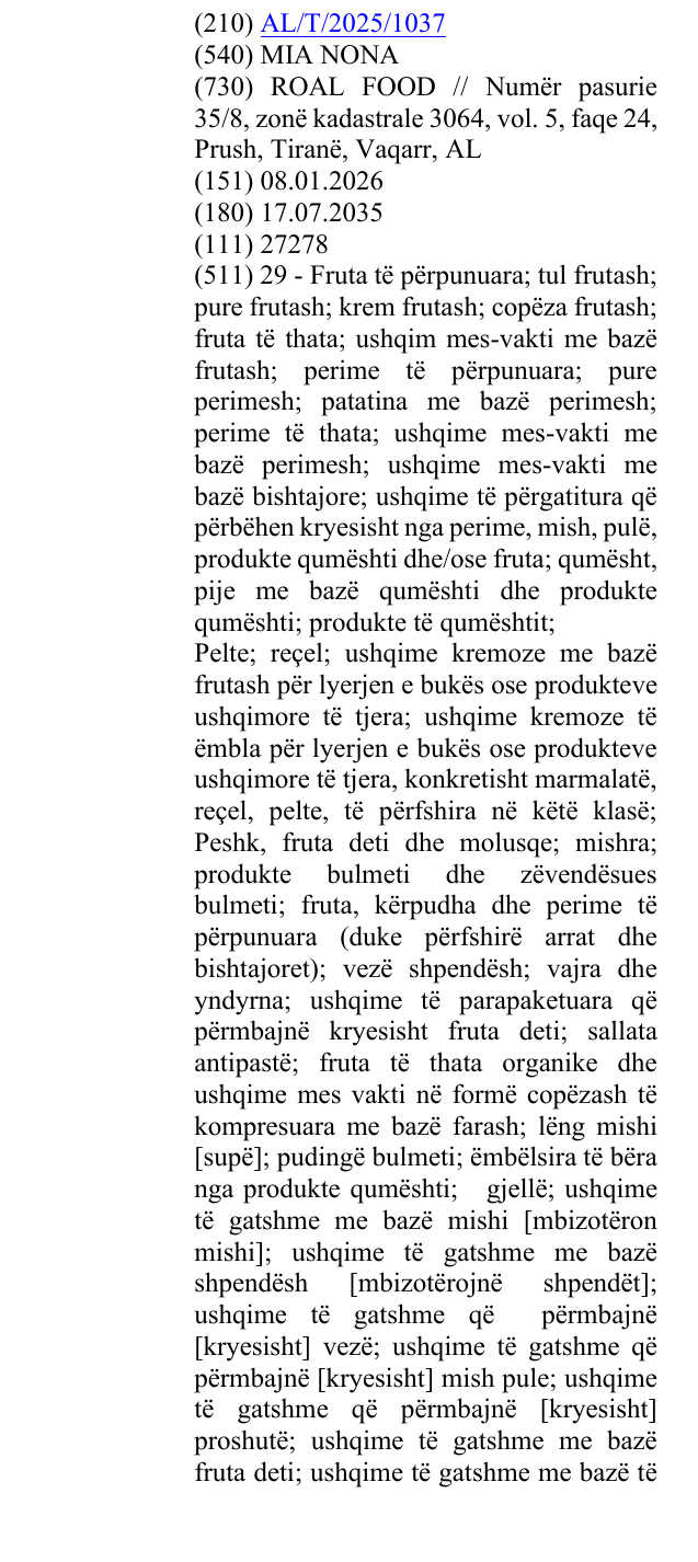 Zëri i markës MIA NONA në buletin