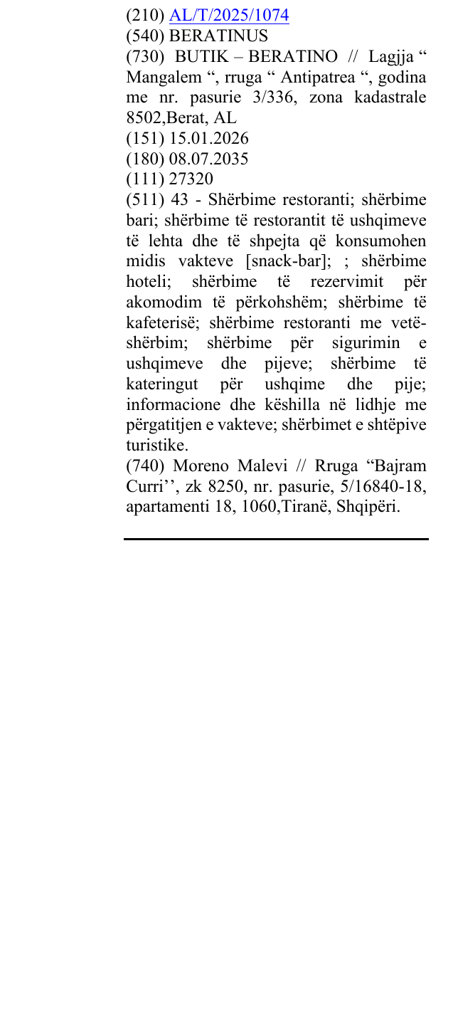 Zëri i markës BERATINUS në buletin
