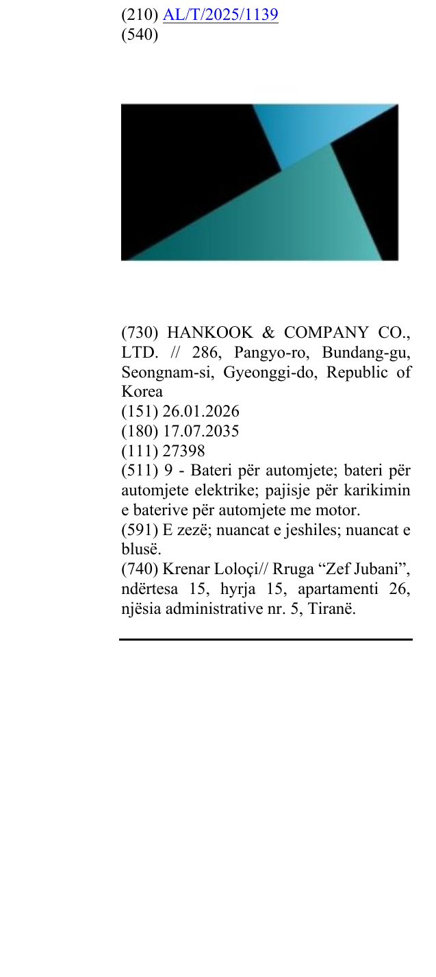 Zëri i markës AL/T/2025/1139 në buletin