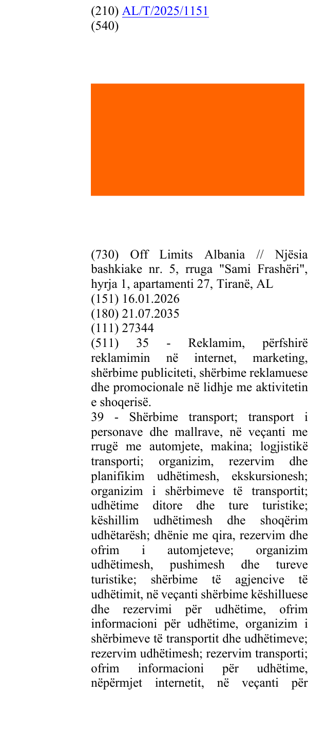 Zëri i markës AL/T/2025/1151 në buletin
